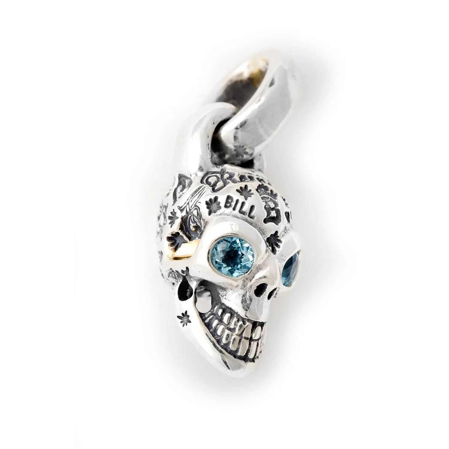 Graffiti Skull Pendant with Gold Overlay & Blue Topaz or Rhodolite Eyes