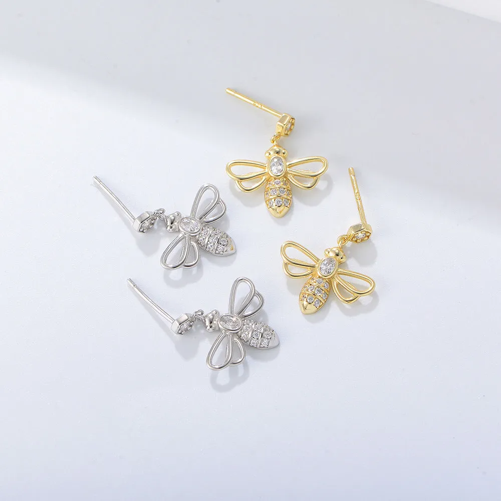 Hollow-out Zircon Bee Silver Drop Earrings for Women