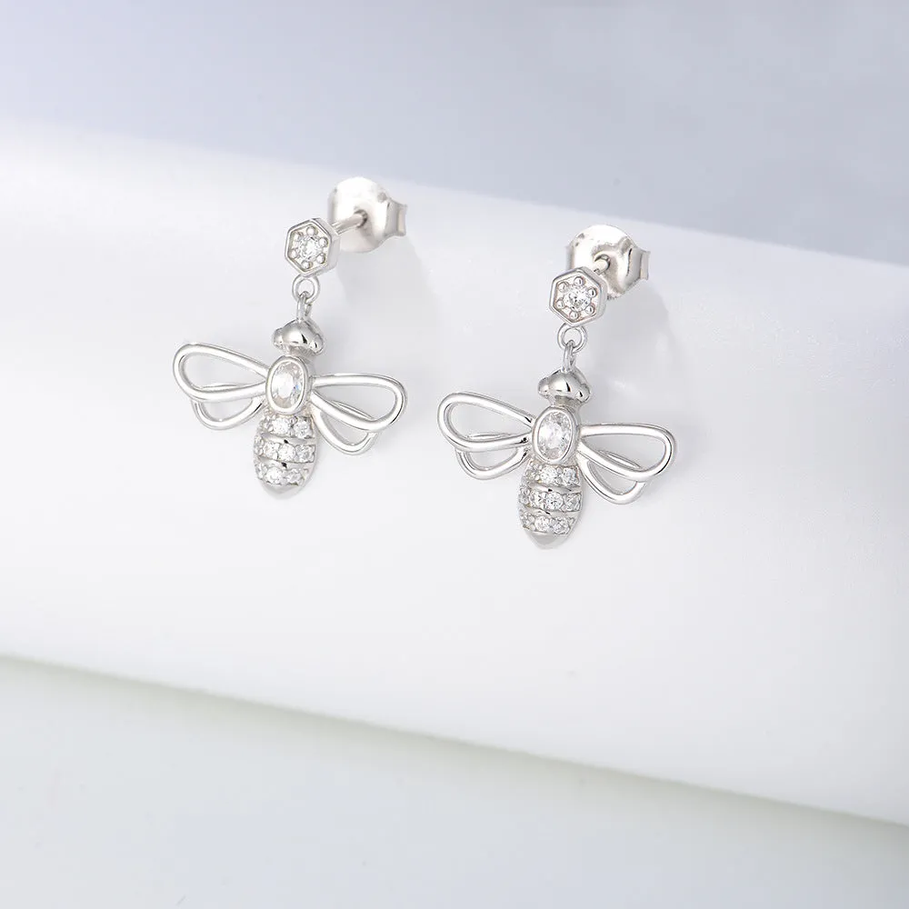 Hollow-out Zircon Bee Silver Drop Earrings for Women