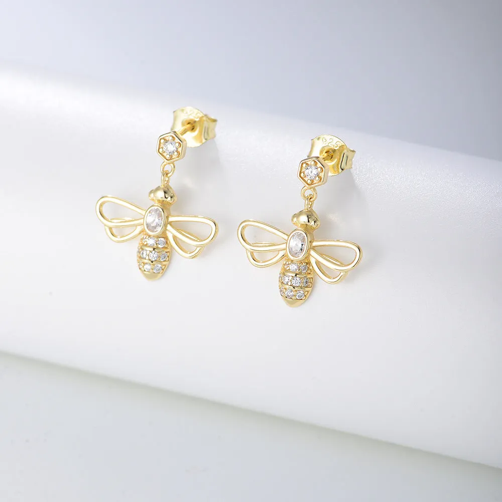 Hollow-out Zircon Bee Silver Drop Earrings for Women