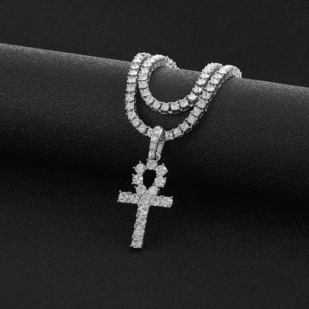 Iced Out Ankh Cross Pendant Necklace Choker Chain Necklace Jewelry