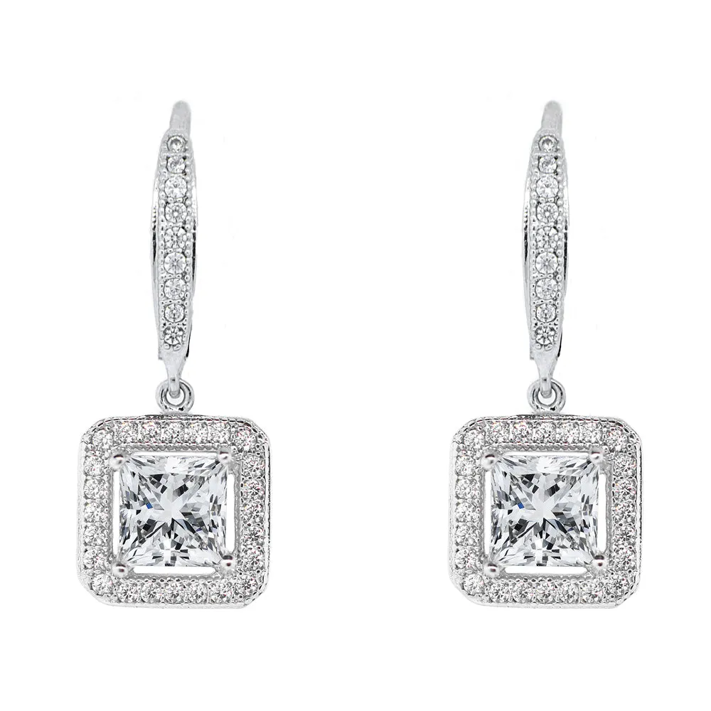 Ivy 18k White Gold Plated Halo Drop Earrings with Princess Cut CZ Crystal