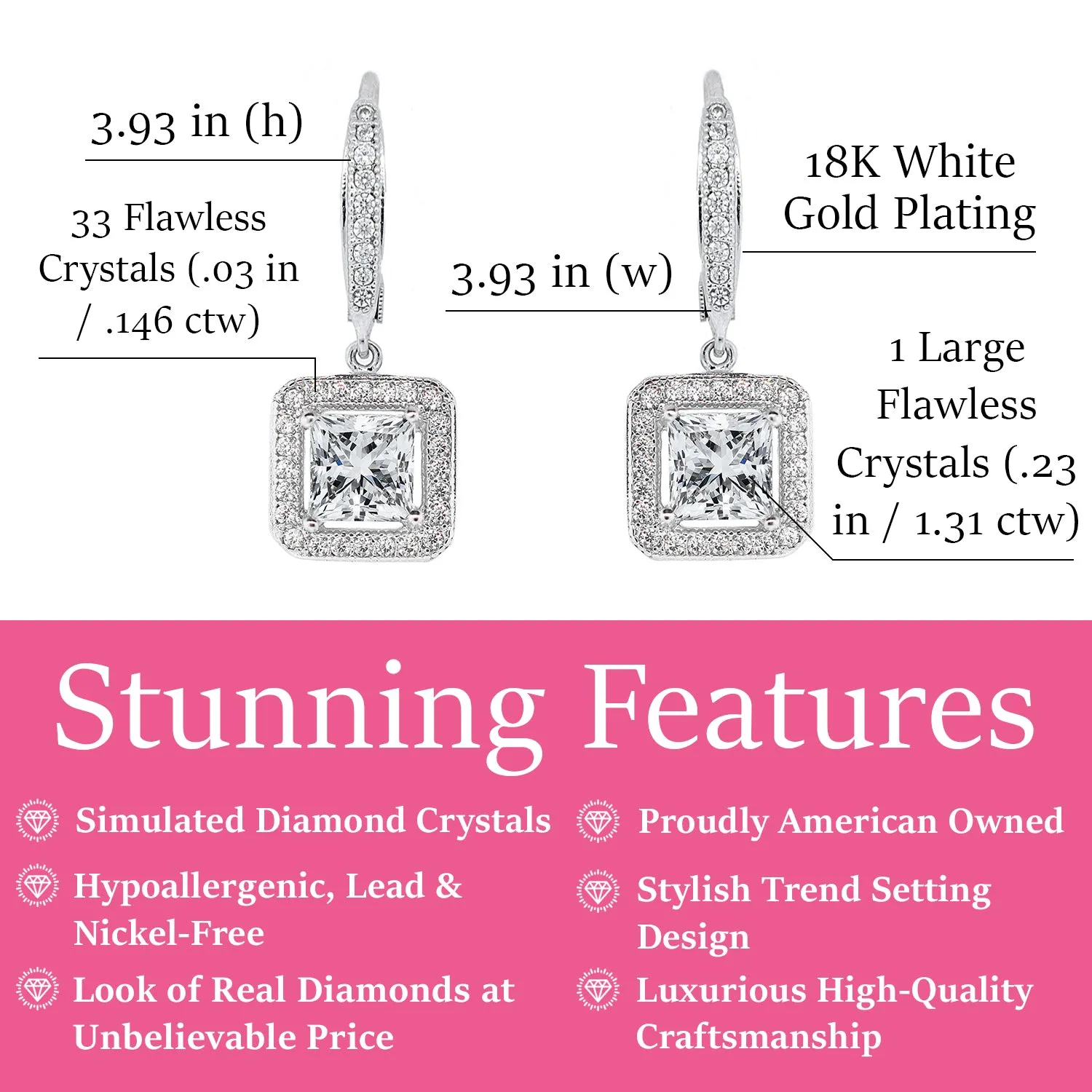 Ivy 18k White Gold Plated Halo Drop Earrings with Princess Cut CZ Crystal