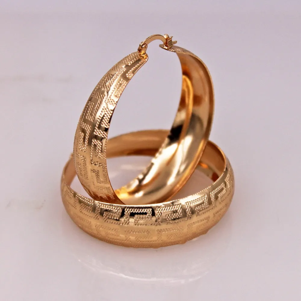 Large Vintage Gold Filled Greek key Pattern  Hoop Earrings