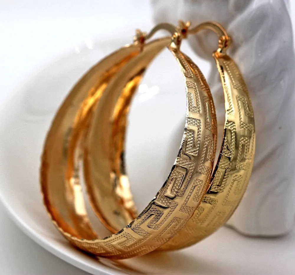 Large Vintage Gold Filled Greek key Pattern  Hoop Earrings