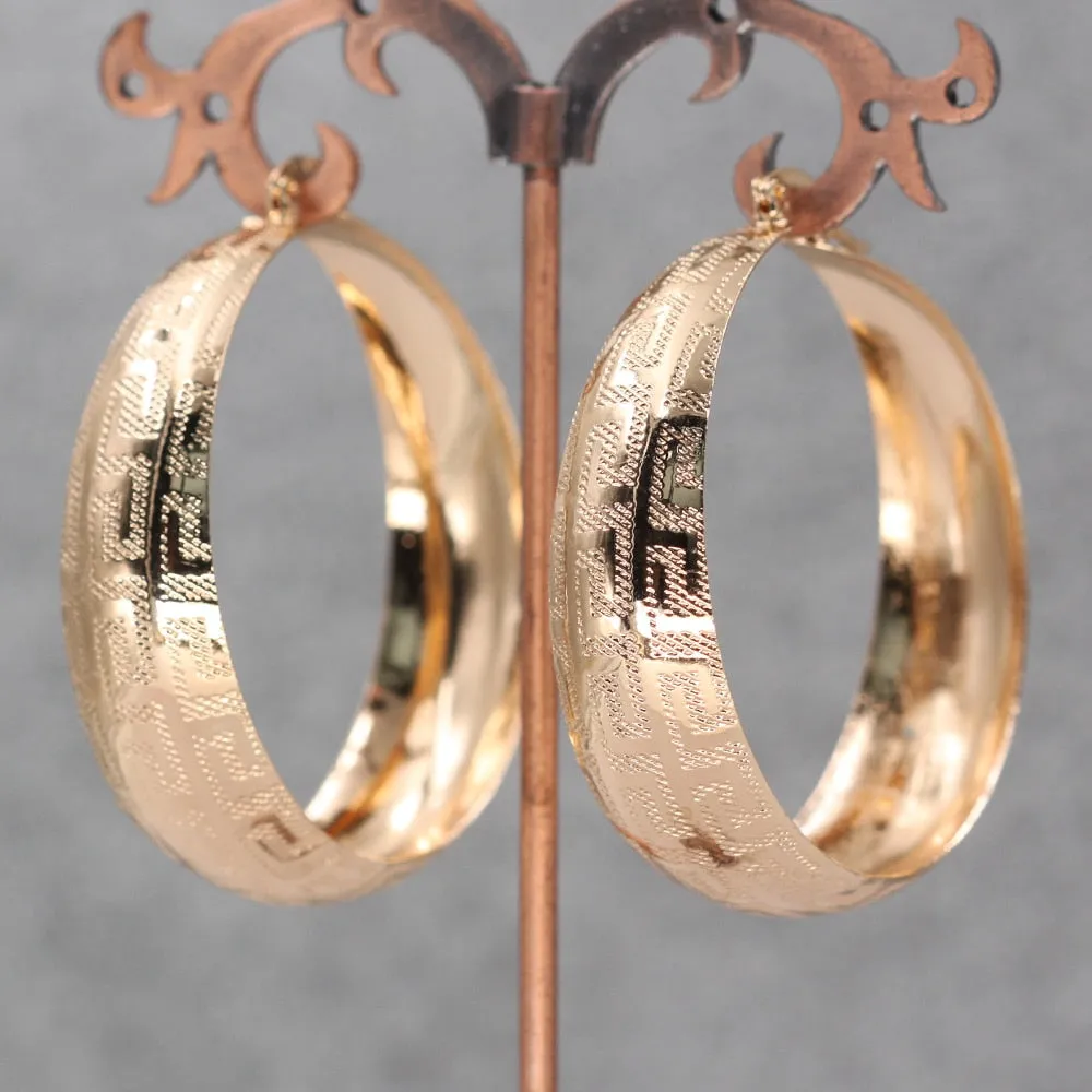 Large Vintage Gold Filled Greek key Pattern  Hoop Earrings