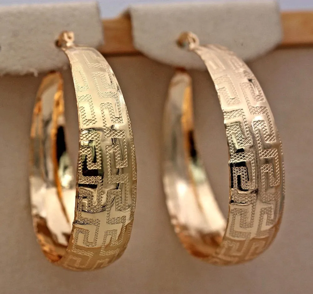 Large Vintage Gold Filled Greek key Pattern  Hoop Earrings