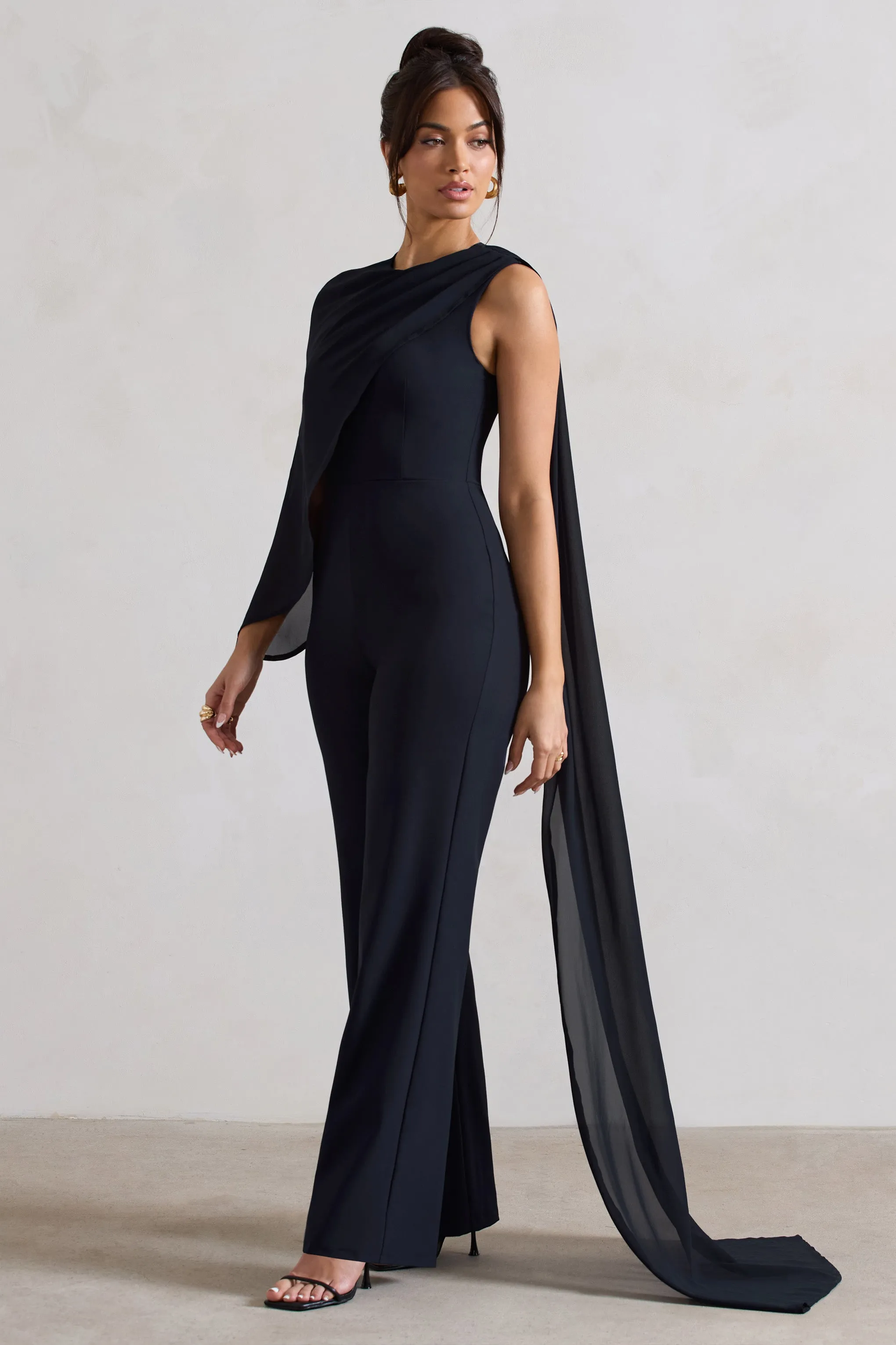 Malina | Navy Straight-Leg Jumpsuit With Chiffon Cape