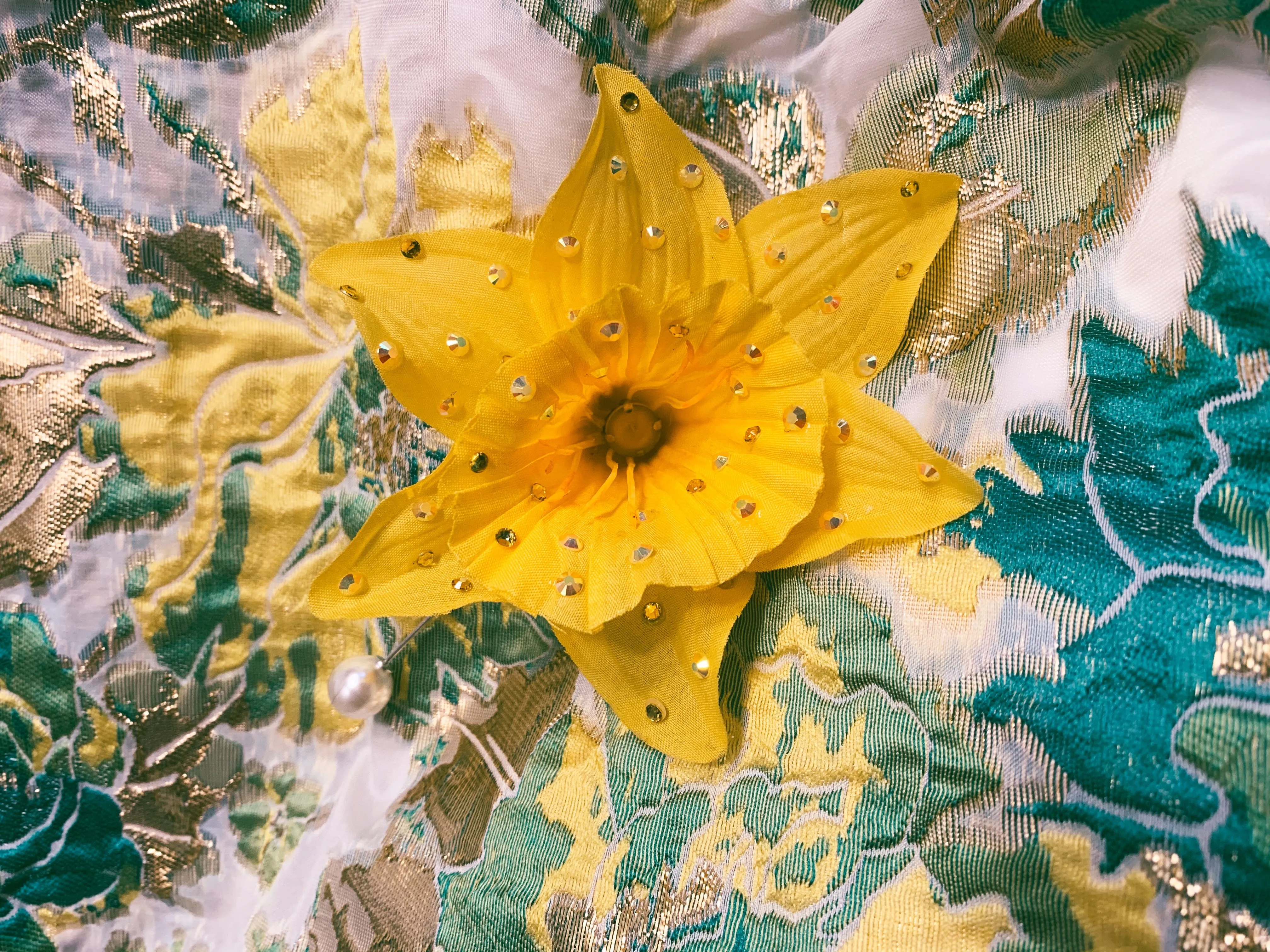 Marie Curie Large Yellow bejewelled Daffodil Pearl Pin Brooch