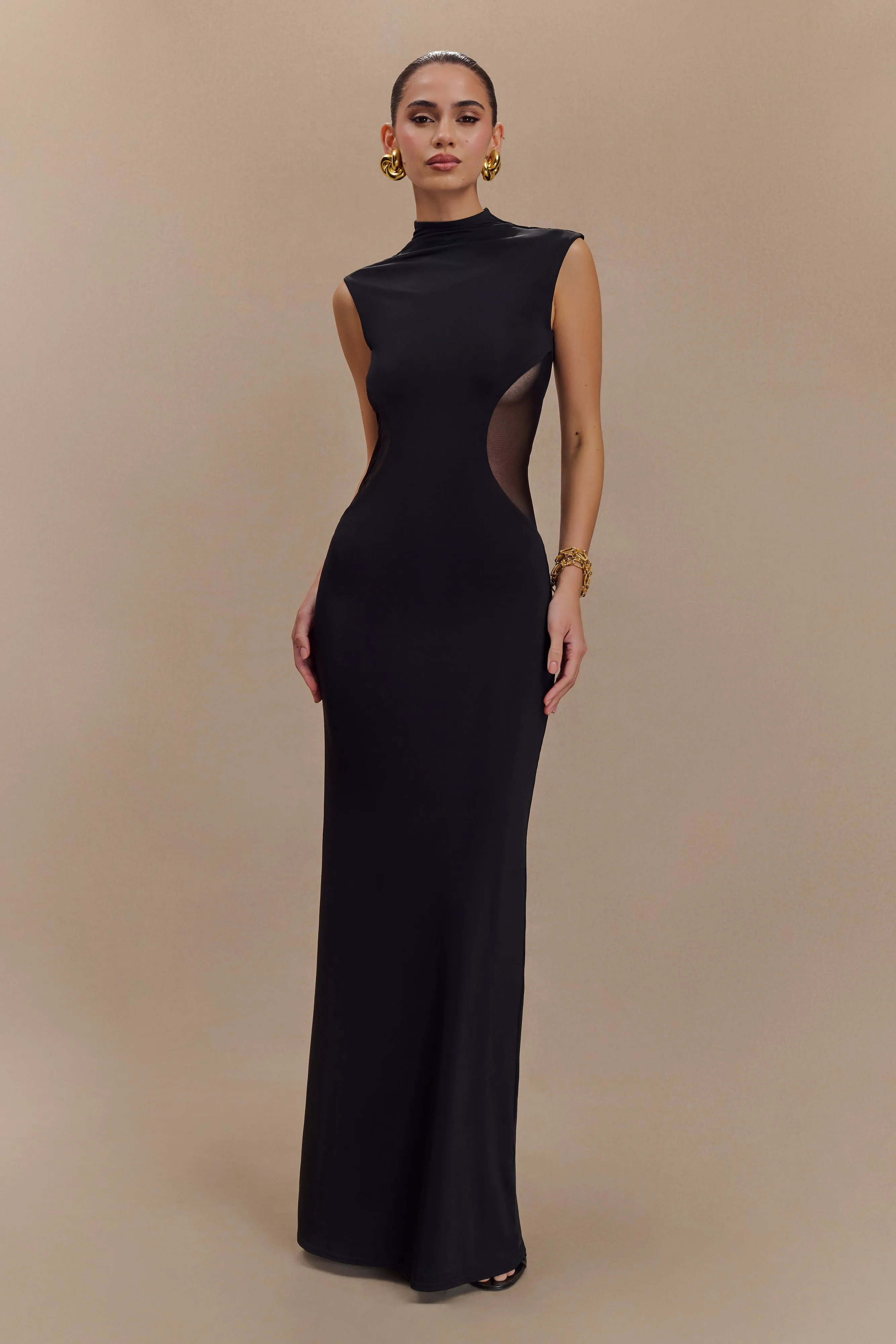 Massie Slinky And Mesh Maxi Dress - Black