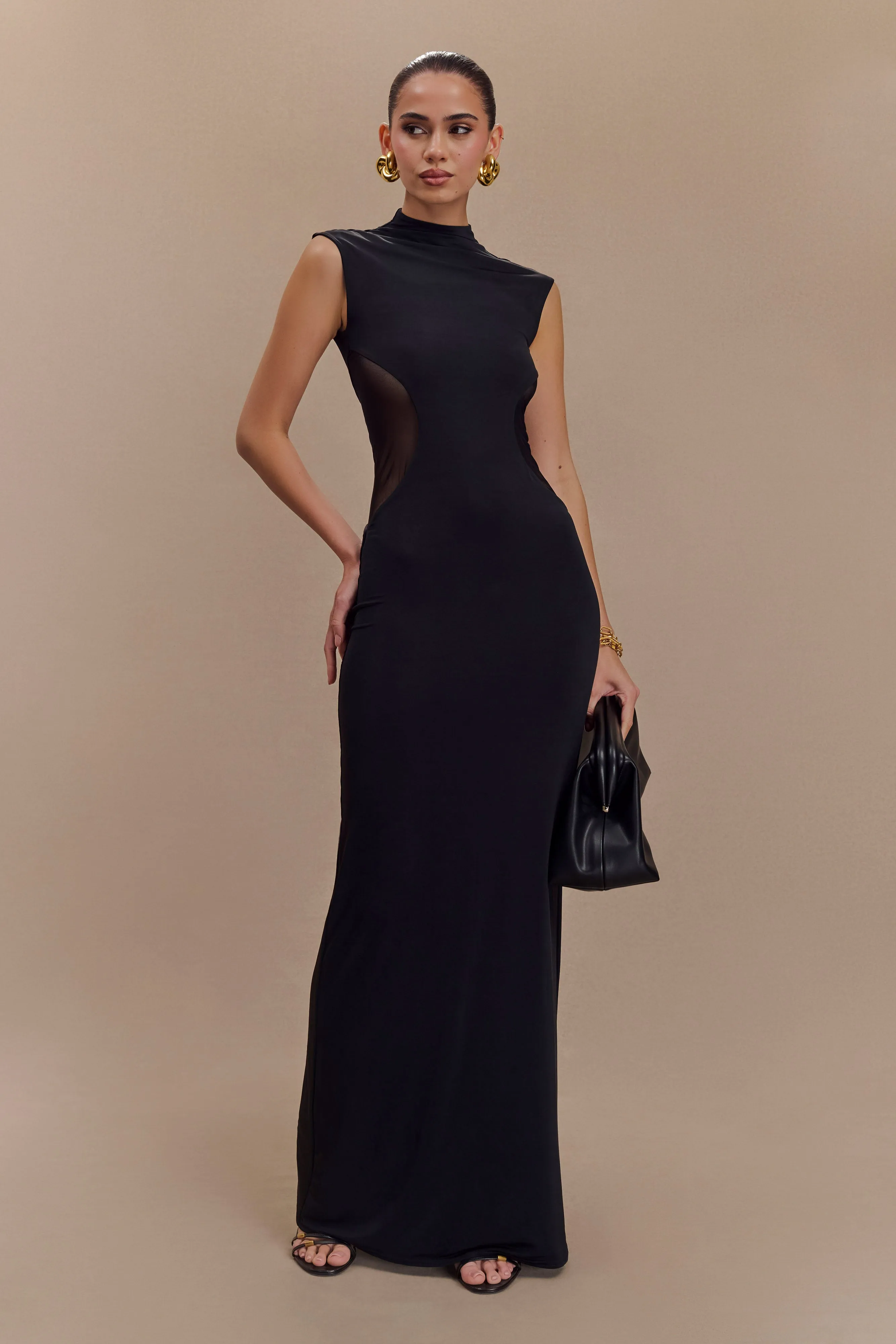 Massie Slinky And Mesh Maxi Dress - Black