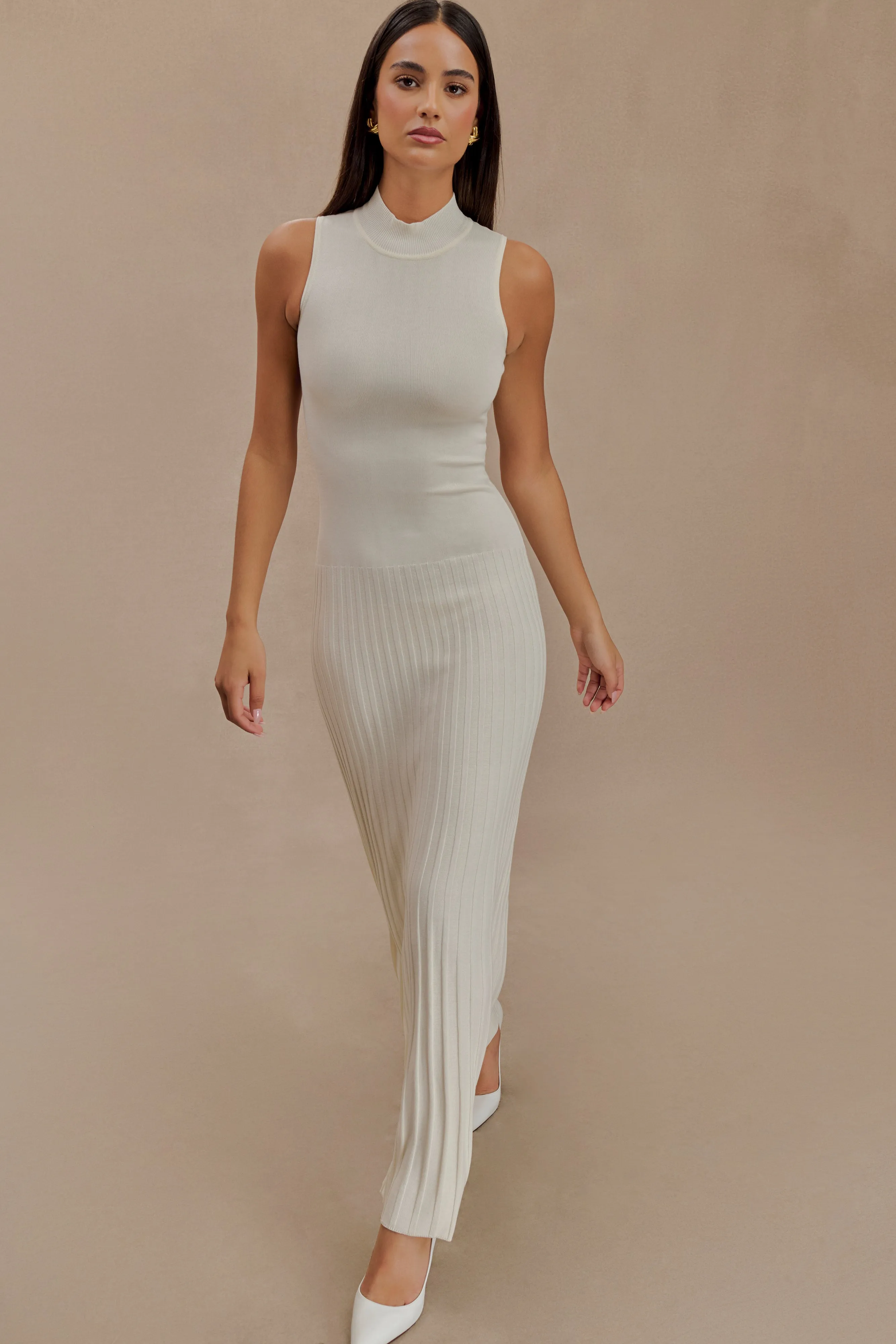 Mavis High Neck Pleated Maxi Dress - Ivory