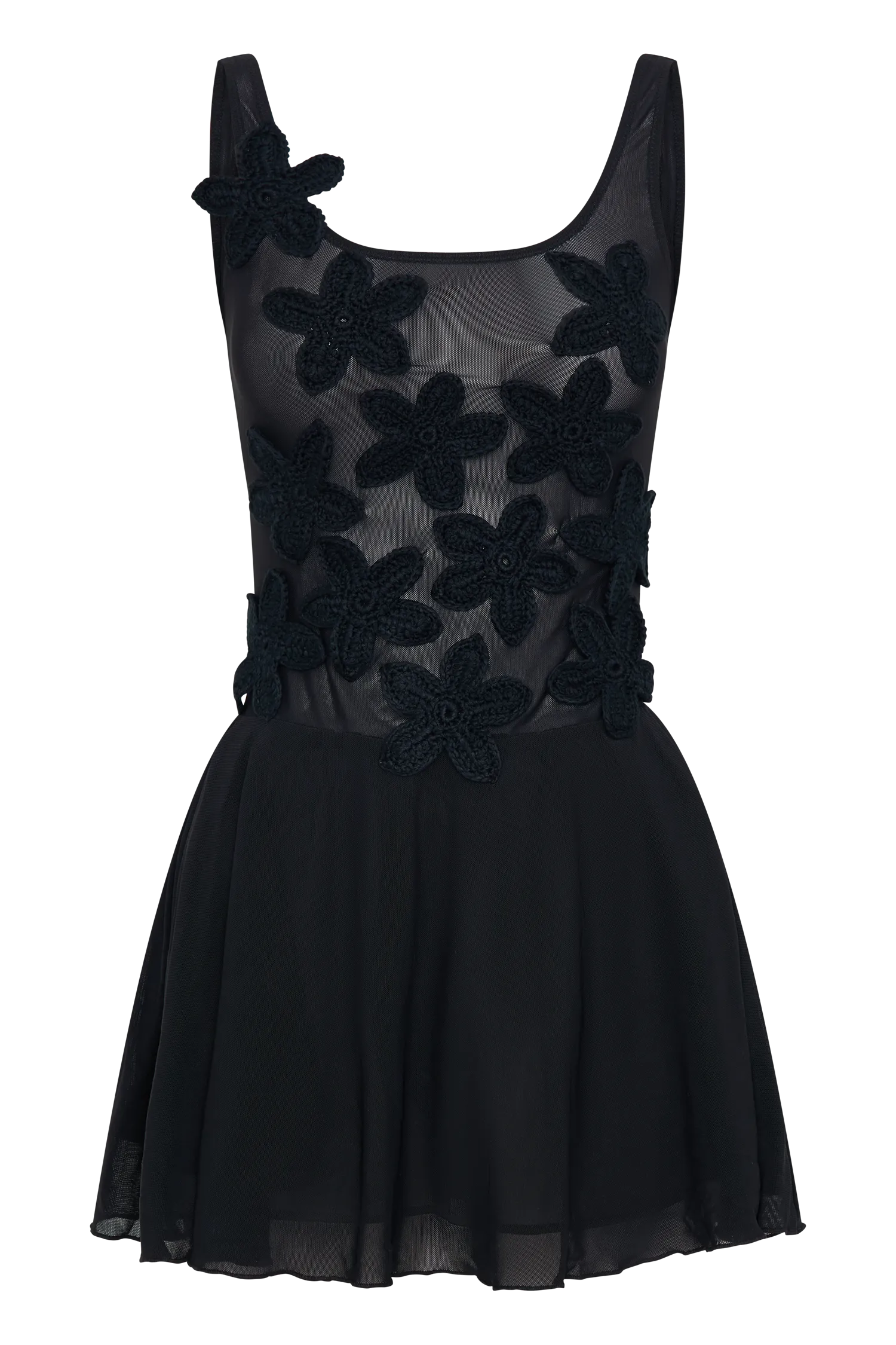 Melanie Mesh Mini Dress With Flowers - Black