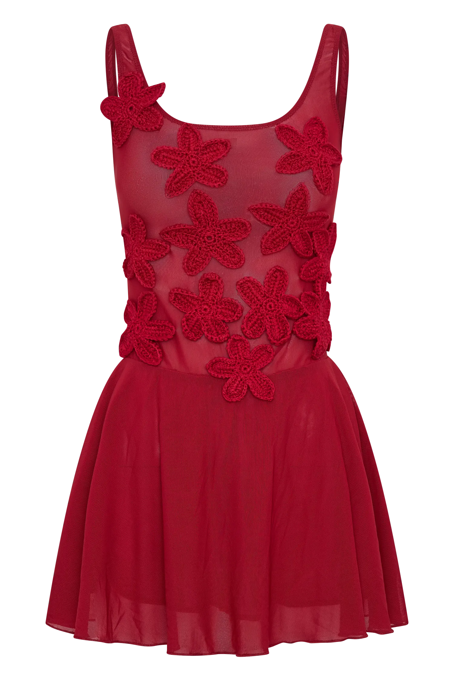 Melanie Mesh Mini Dress With Flowers - Ruby