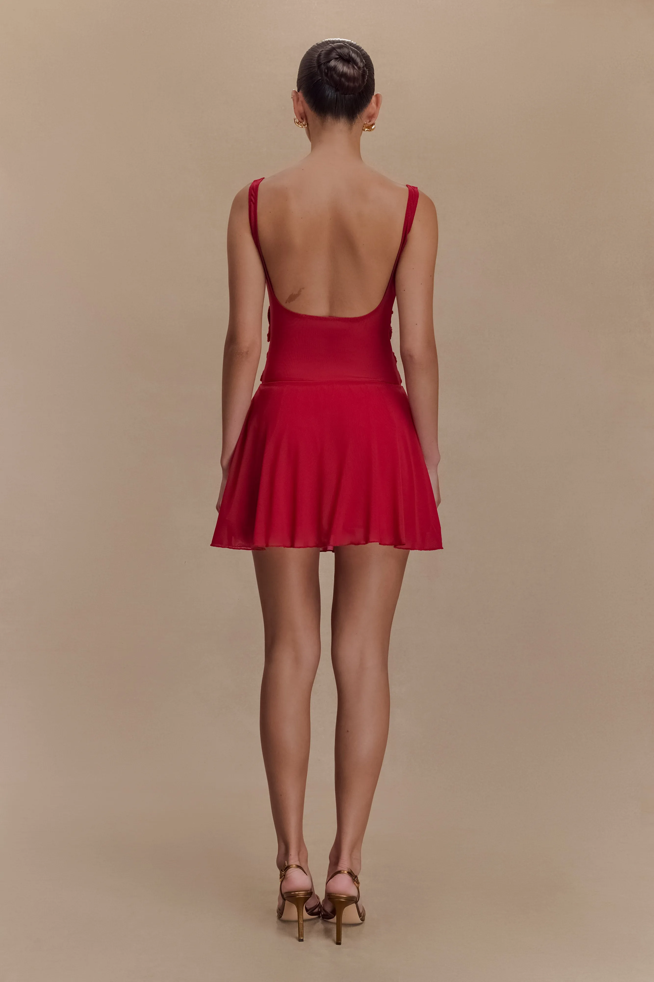 Melanie Mesh Mini Dress With Flowers - Ruby