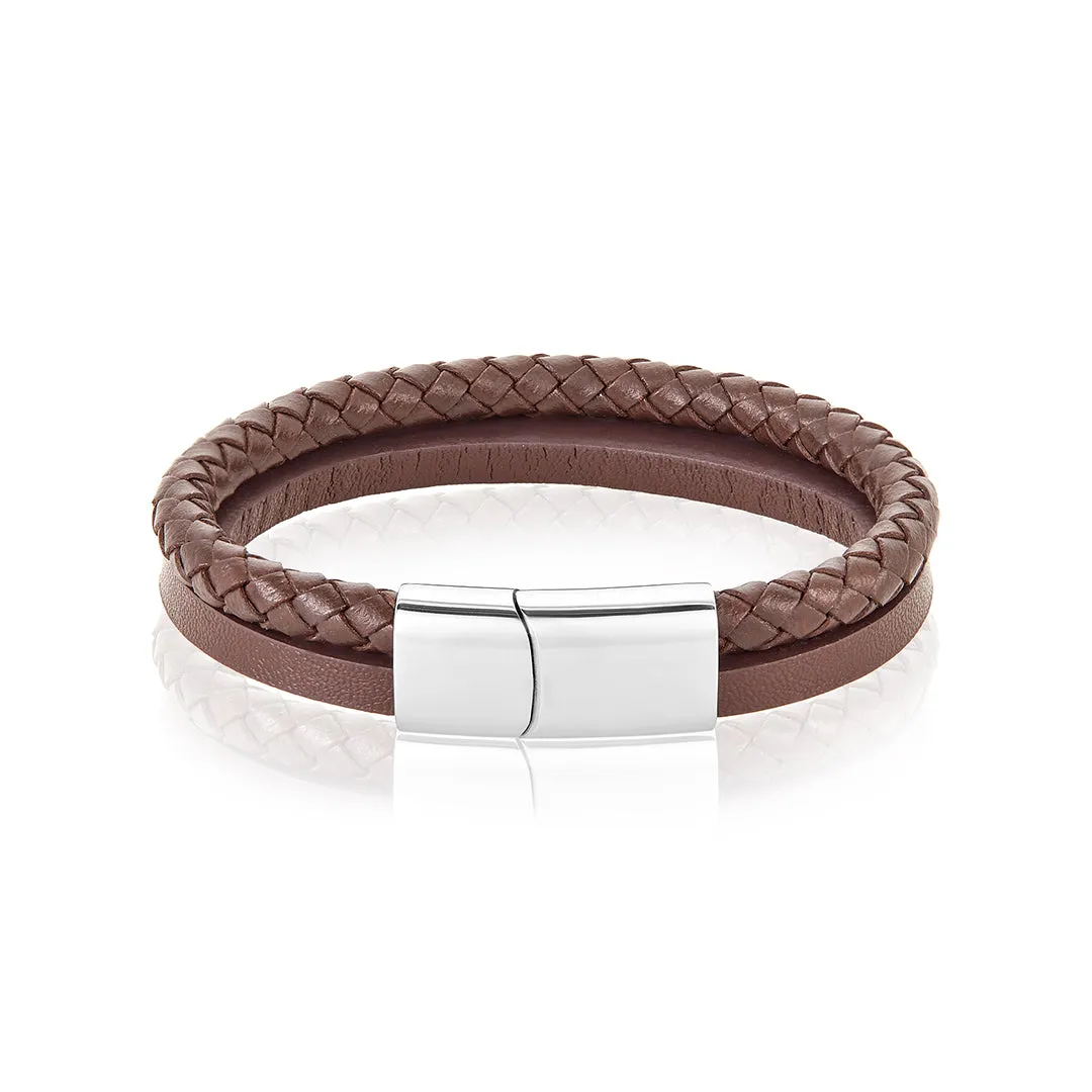 Men's Tarnish Resistant Rhodium Plated Magnetic Brown Leather Bracelet