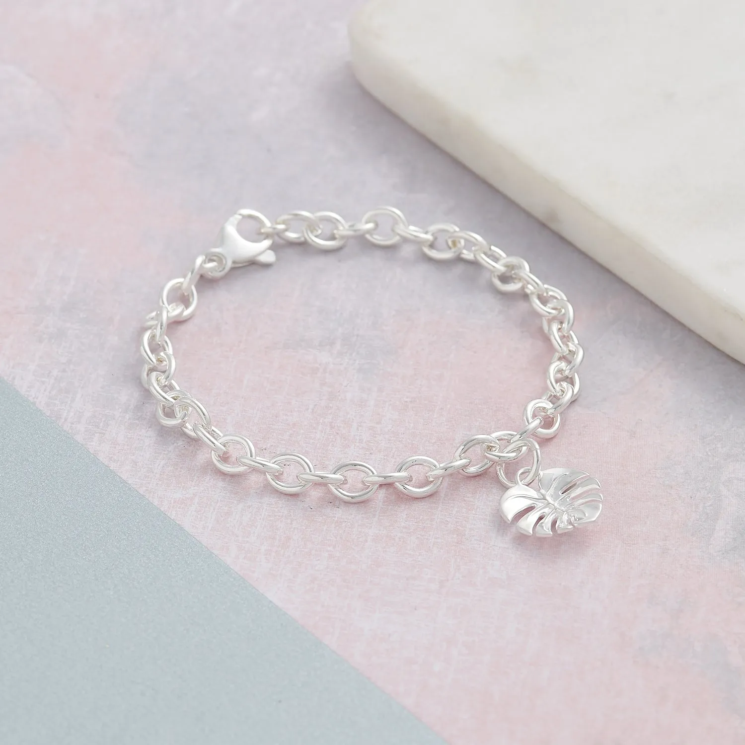 Monstera Palm Silver Charm Bracelet