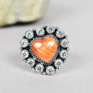 Native American Heart Cut Orange Coral And Cubic Zirconia Cluster Rings - 925 Sterling Silver Handmade Vintage Rings