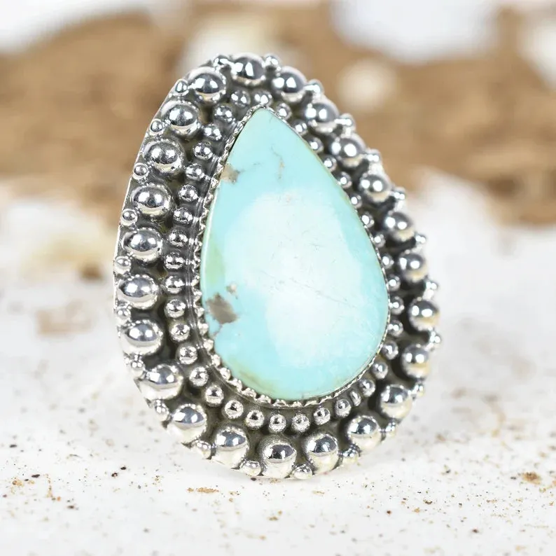 Native American Large Teardrop Turquoise Rings - 925 Sterling Silver Rings