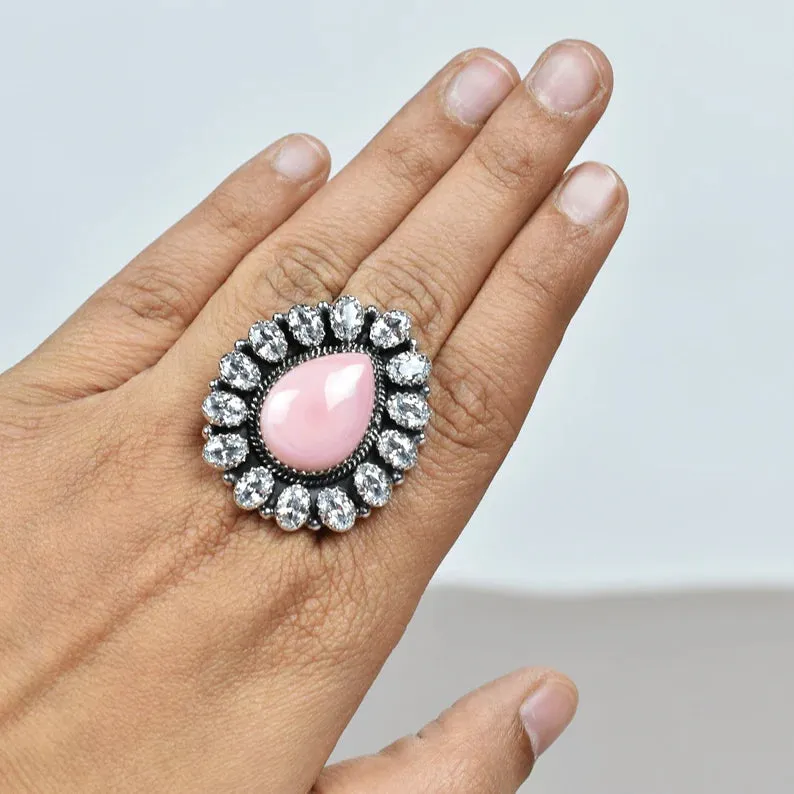 Native American Pink Conch Shell & Cubic Zirconia 925 Sterling Silver  Rings