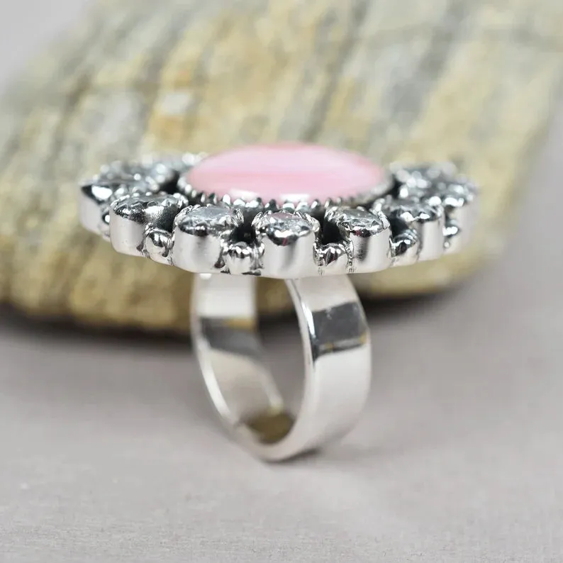 Native American Pink Conch Shell & Cubic Zirconia 925 Sterling Silver  Rings