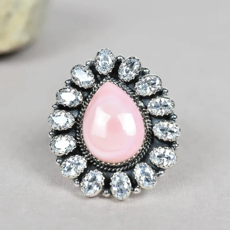 Native American Pink Conch Shell & Cubic Zirconia 925 Sterling Silver  Rings