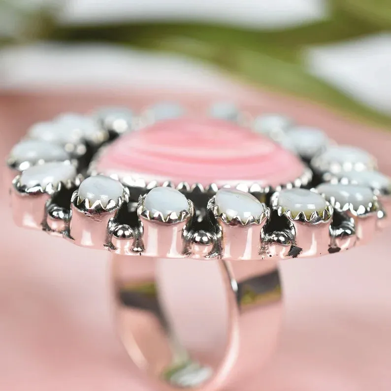 Native American Pink Conch Shell & White Pearl Cluster Rings - 925 Sterling Silver Handmade Vintage Rings