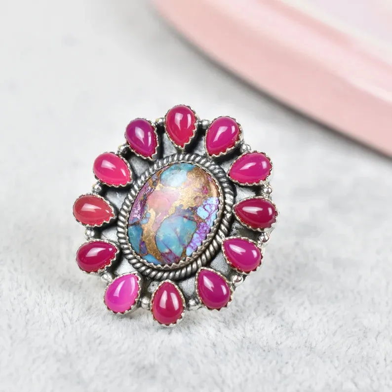 Native American Pink Onyx & Pink Dahlia Turquoise  Cluster Rings - 925 Sterling Silver Handmade Vintage Rings