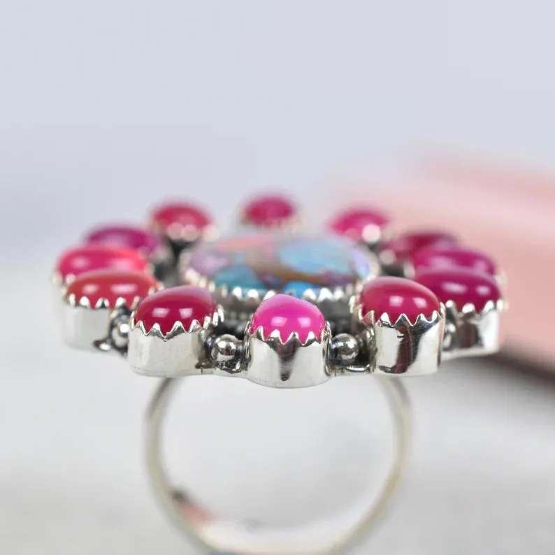 Native American Pink Onyx & Pink Dahlia Turquoise  Cluster Rings - 925 Sterling Silver Handmade Vintage Rings