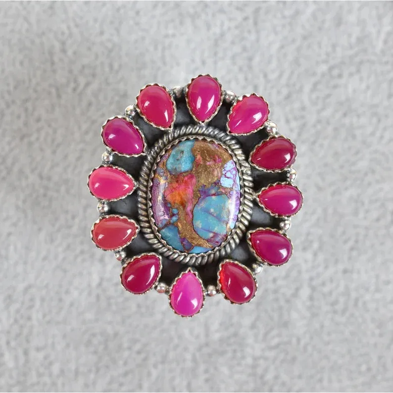 Native American Pink Onyx & Pink Dahlia Turquoise  Cluster Rings - 925 Sterling Silver Handmade Vintage Rings