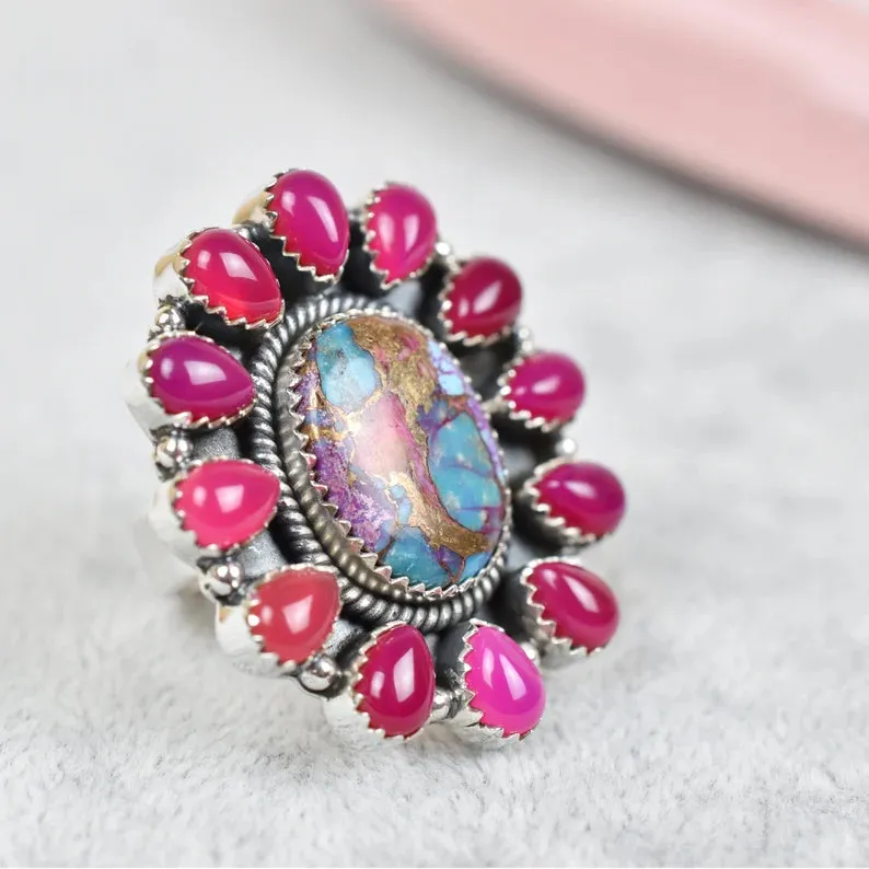 Native American Pink Onyx & Pink Dahlia Turquoise  Cluster Rings - 925 Sterling Silver Handmade Vintage Rings