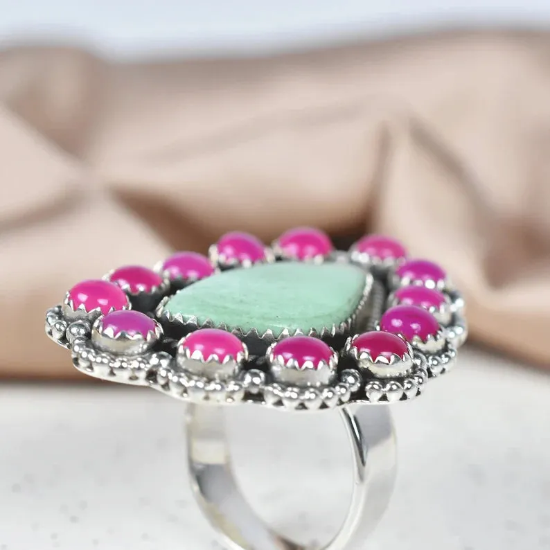 Native American Pink Onyx And Variscite Cluster Rings - 925 Sterling Silver Handmade Vintage Rings