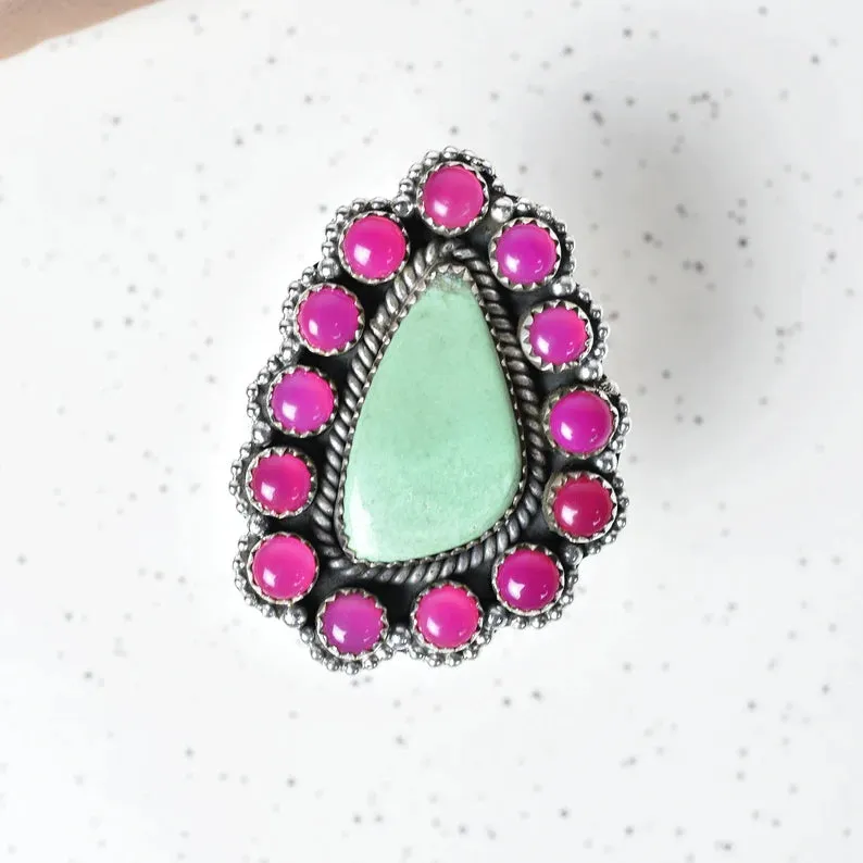 Native American Pink Onyx And Variscite Cluster Rings - 925 Sterling Silver Handmade Vintage Rings