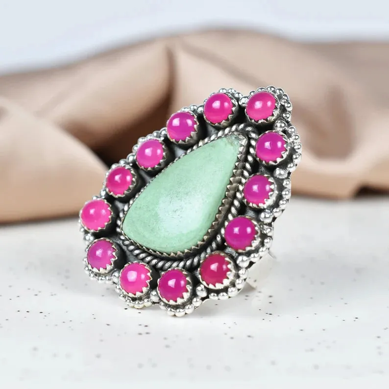 Native American Pink Onyx And Variscite Cluster Rings - 925 Sterling Silver Handmade Vintage Rings