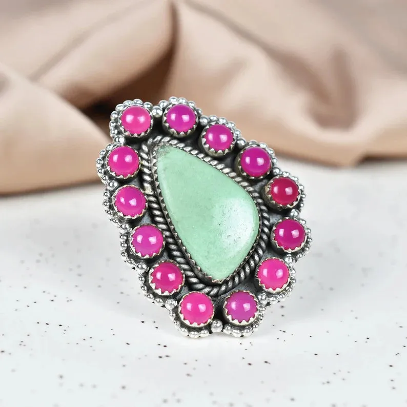 Native American Pink Onyx And Variscite Cluster Rings - 925 Sterling Silver Handmade Vintage Rings