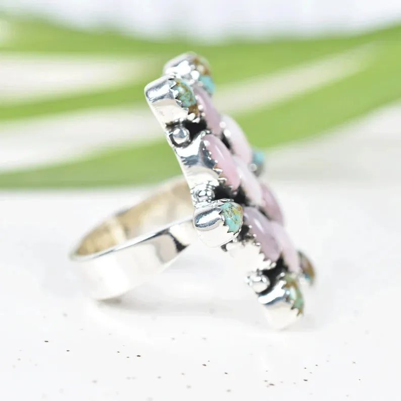 Native American Pink Opal And Turquoise Cluster Rings - 925 Sterling Silver Handmade Vintage Rings