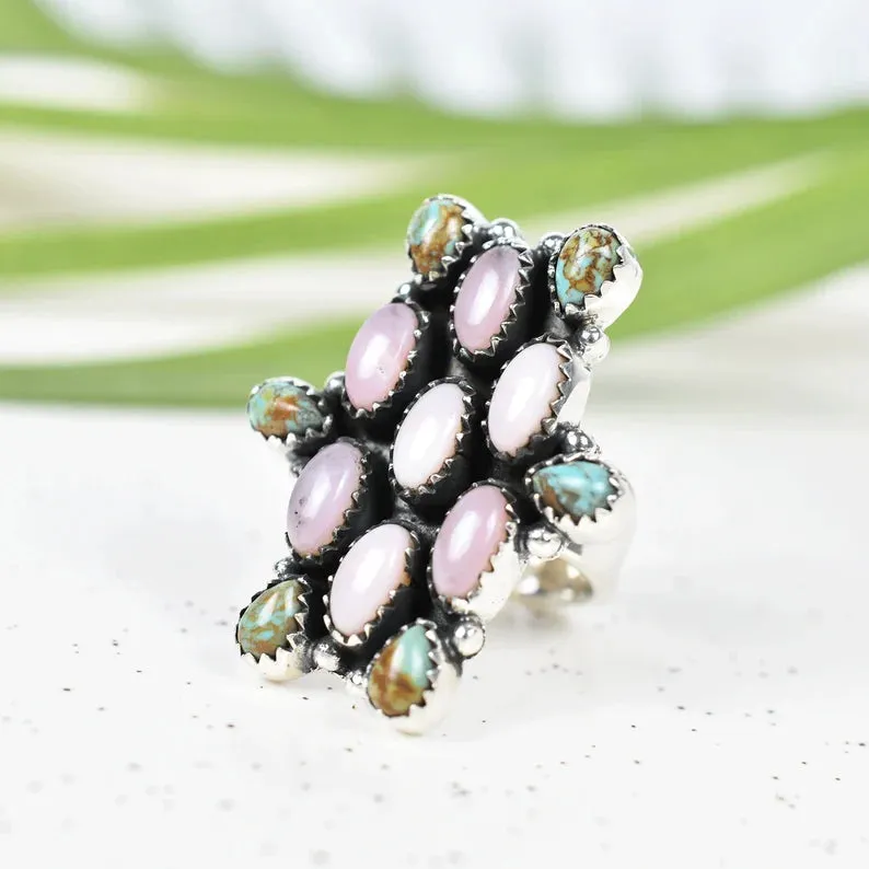 Native American Pink Opal And Turquoise Cluster Rings - 925 Sterling Silver Handmade Vintage Rings