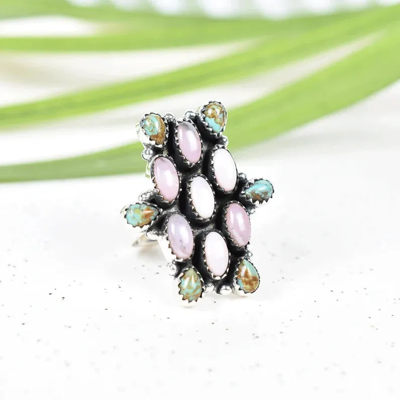 Native American Pink Opal And Turquoise Cluster Rings - 925 Sterling Silver Handmade Vintage Rings