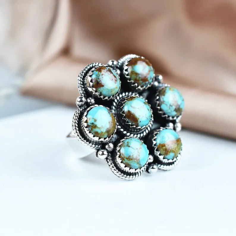 Native American Round Cut Turquoise 925 Sterling Silver  Rings