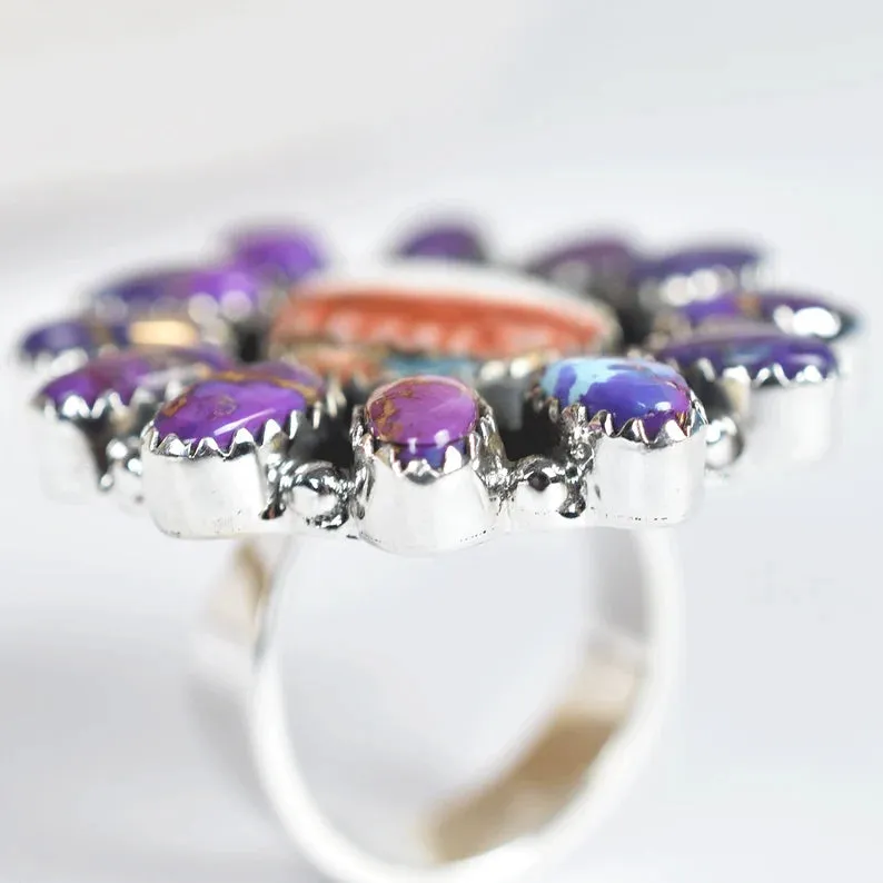 Native American Spiny Oyster & Purple Copper Turquoise 925 Sterling Silver Rings