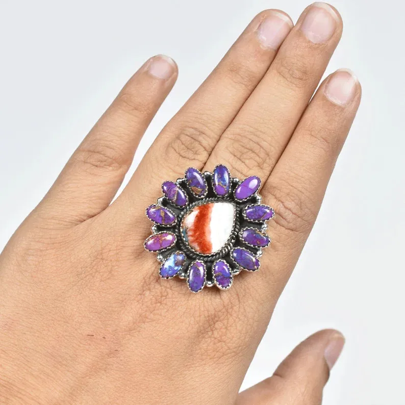 Native American Spiny Oyster & Purple Copper Turquoise 925 Sterling Silver Rings