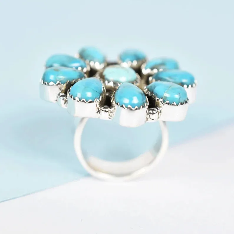 Native American Turquoise Cluster 925 Sterling Silver Handmade Vintage Rings