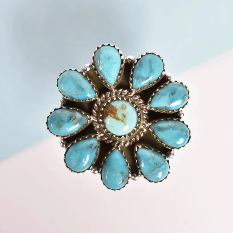 Native American Turquoise Cluster 925 Sterling Silver Handmade Vintage Rings