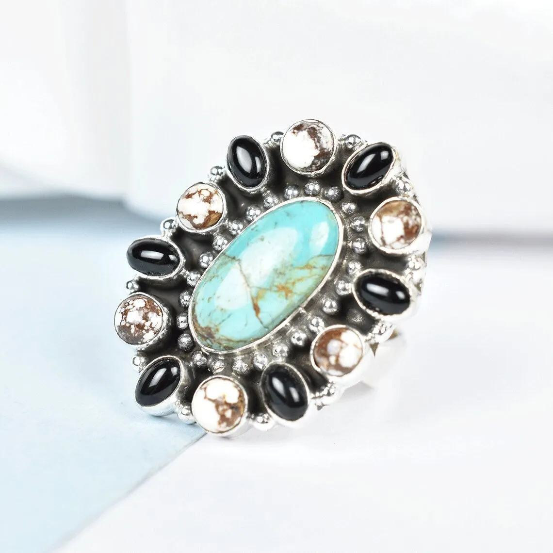 Native American Turquoise, Wild Horse, And Black Onyx Cluster Rings - 925 Sterling Silver Handmade Vintage Rings