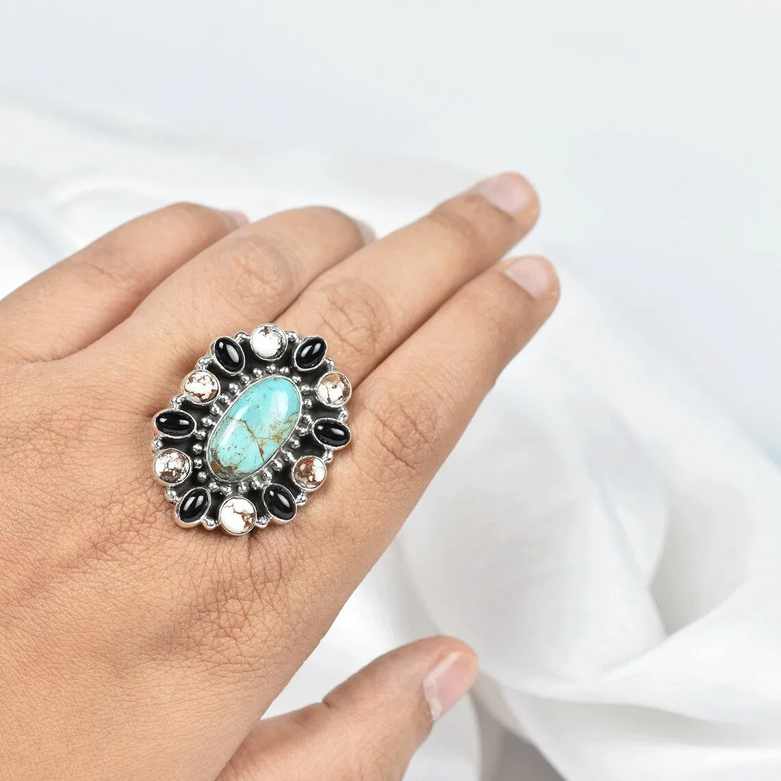 Native American Turquoise, Wild Horse, And Black Onyx Cluster Rings - 925 Sterling Silver Handmade Vintage Rings