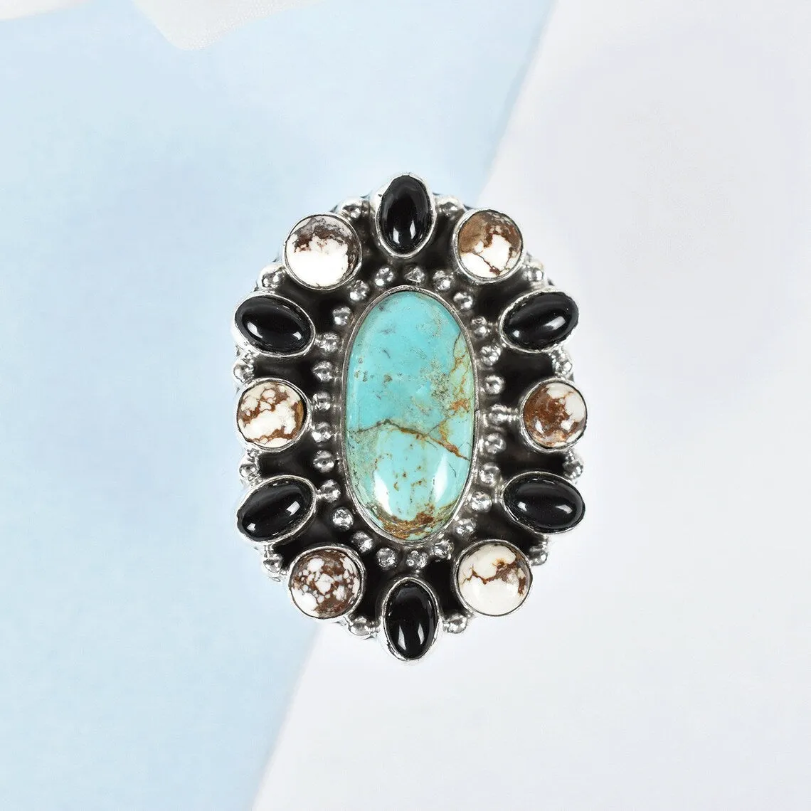 Native American Turquoise, Wild Horse, And Black Onyx Cluster Rings - 925 Sterling Silver Handmade Vintage Rings