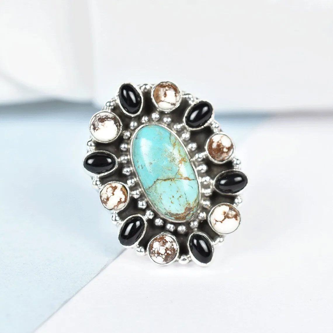 Native American Turquoise, Wild Horse, And Black Onyx Cluster Rings - 925 Sterling Silver Handmade Vintage Rings