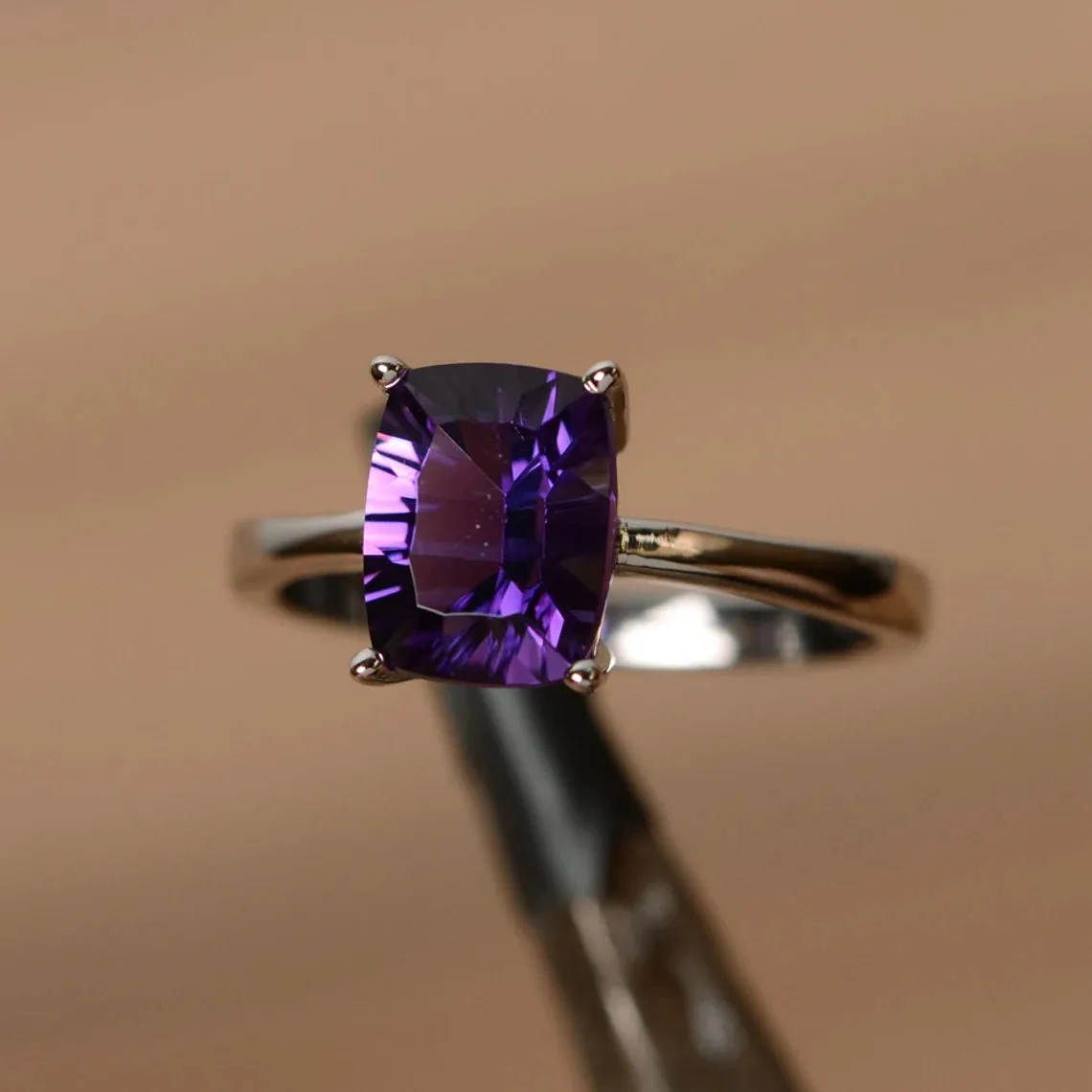 Natural Cushion Cut Amethyst Solitaire Ring - 925 Sterling Silver Ring