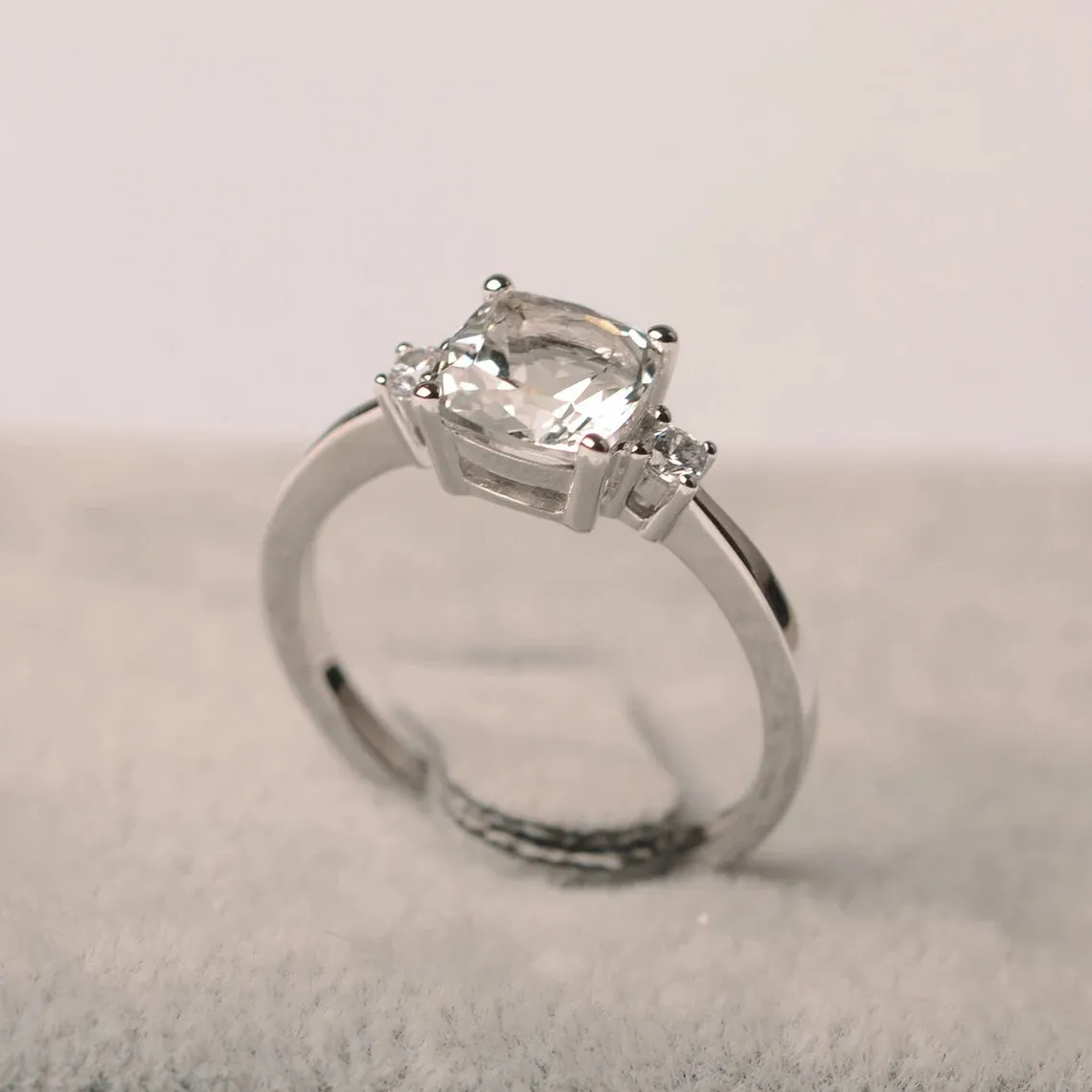 Natural Cushion Cut White Topaz Promise Ring - 925 Sterling Silver Ring