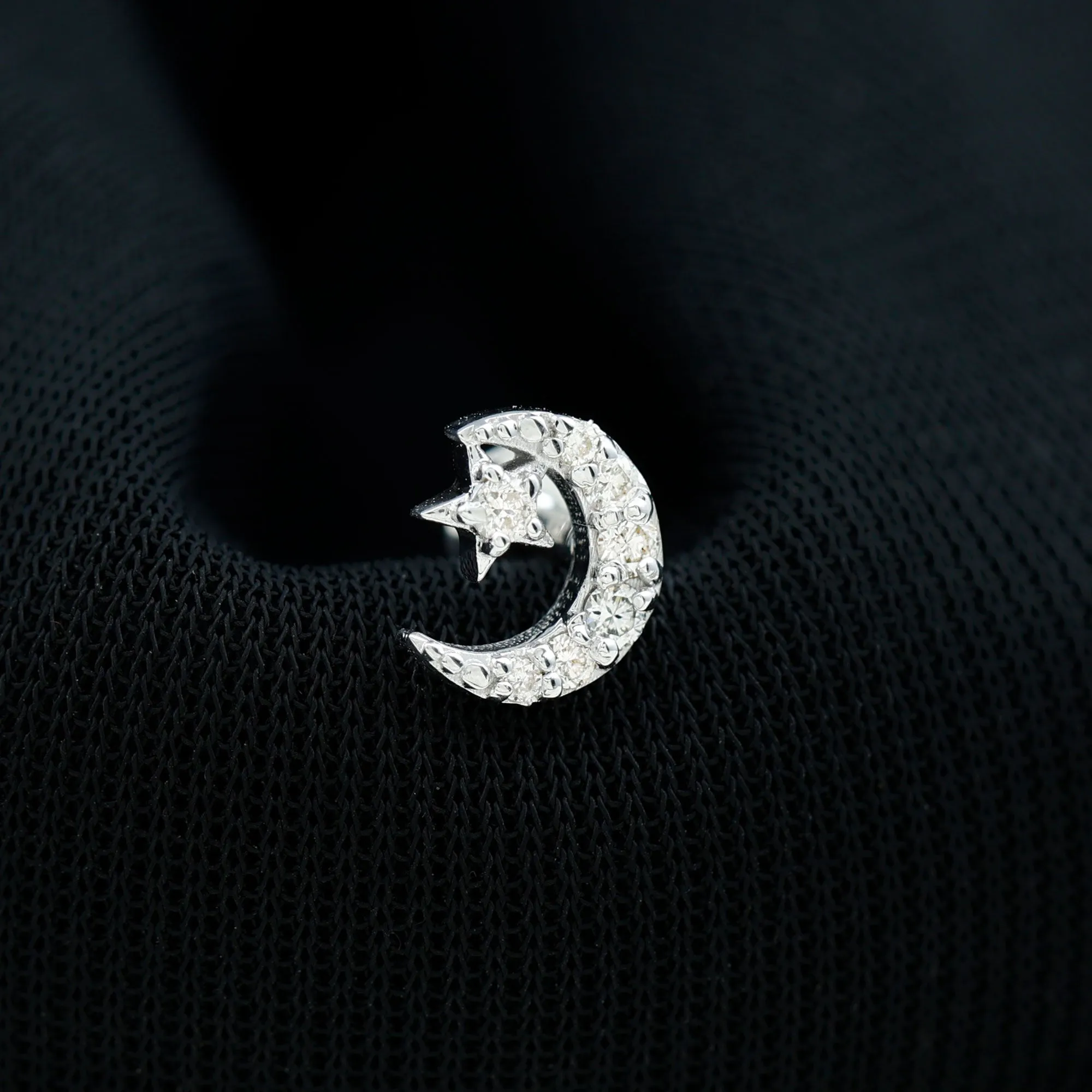 Natural Diamond Crescent Moon Helix Earring with Star